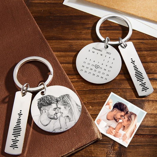 Personalized Engraved Couple Keychain Set- Photo, Date, Soundwave